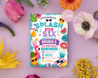 Pool Party 6th Birthday Invitation, Summer Birthday Editable Canva Template Pool Splash Digital Download