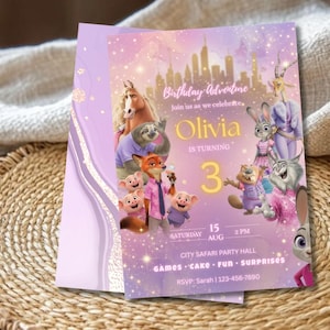 Zootopia Birthday Invitation, Pink Purple Watercolor Party Invite Editable Canva Birthday Template image 5