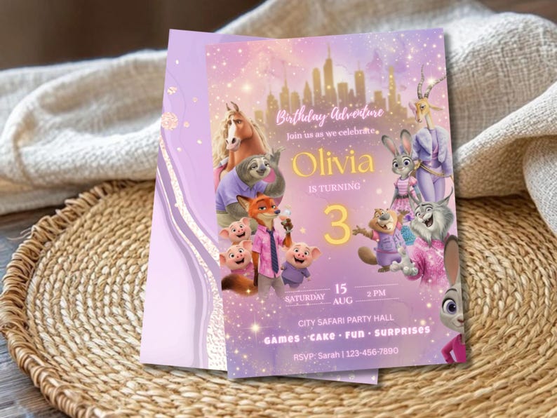 Zootopia Birthday Invitation, Pink Purple Watercolor Party Invite Editable Canva Birthday Template image 5