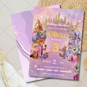 May include: A rectangular birthday invitation card featuring a purple and gold gradient background with a city skyline silhouette. The text reads Birthday Adventure, Olivia is turning 3, Saturday 15 Aug 2 PM, City Safari Party Hall, and RSVP.