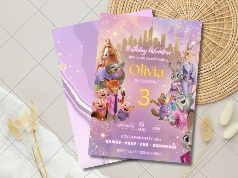 May include: A rectangular birthday invitation card featuring a purple and gold gradient background with a city skyline silhouette. The text reads Birthday Adventure, Olivia is turning 3, Saturday 15 Aug 2 PM, City Safari Party Hall, and RSVP.