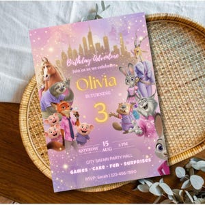 May include: A rectangular birthday invitation card featuring a purple gradient background with a city skyline and animated animal characters. The text reads Birthday Adventure, Olivia is turning 3, Saturday 15 Aug 2 PM, City Safari Party Hall.