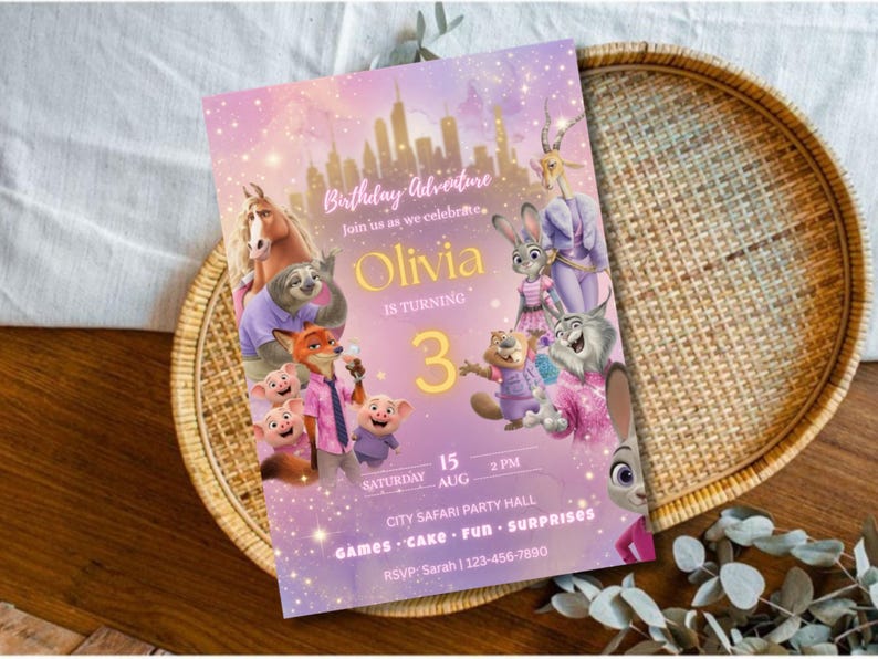 May include: A rectangular birthday invitation card featuring a purple gradient background with a city skyline and animated animal characters. The text reads Birthday Adventure, Olivia is turning 3, Saturday 15 Aug 2 PM, City Safari Party Hall.