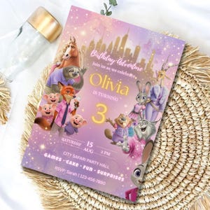 Zootopia Birthday Invitation, Pink Purple Watercolor Party Invite Editable Canva Birthday Template image 4