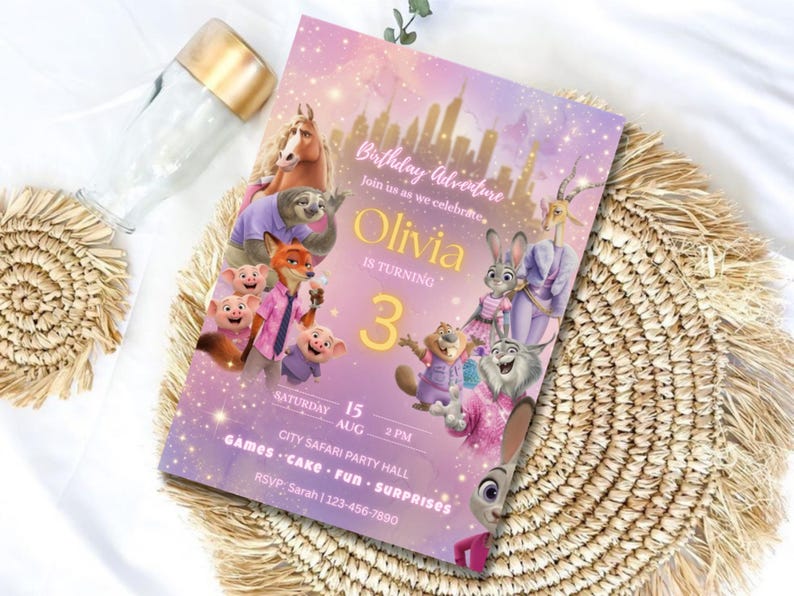 Zootopia Birthday Invitation, Pink Purple Watercolor Party Invite Editable Canva Birthday Template image 4