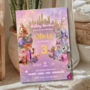 May include: A rectangular birthday invitation card featuring a purple and pink gradient background with a city skyline. The card displays various animated animal characters, the text "Birthday Adventure," "Olivia is turning 3," date, time, and location.