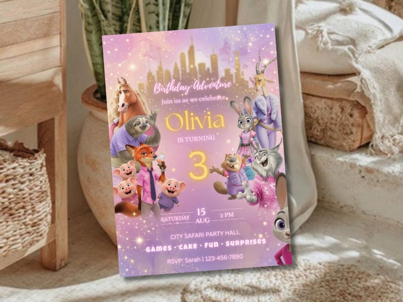 May include: A rectangular birthday invitation card featuring a purple and pink gradient background with a city skyline. The card displays various animated animal characters, the text "Birthday Adventure," "Olivia is turning 3," date, time, and location.
