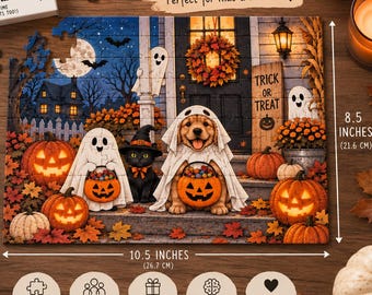 May include: A 110-piece Halloween jigsaw puzzle measuring 10.5 inches by 8.5 inches. The image depicts a golden retriever puppy and a black cat in costumes, surrounded by pumpkins, ghosts, and autumn leaves in front of a house porch.