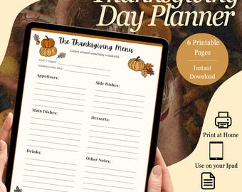May include: A digital Thanksgiving Day Planner displayed on a tablet screen. The document features a menu template with sections for appetizers, side dishes, main dishes, desserts, drinks, and notes, decorated with pumpkin and autumn leaf illustrations.
