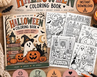 May include: A Halloween coloring book featuring a cover with a ghost, pumpkins, a black cat, and a lantern. The book includes interior pages with line art illustrations of witches, potion shelves, jack-o'-lanterns, and a dog with a ghost.