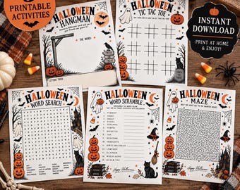 May include: Five printable Halloween activity sheets featuring a hangman game, tic tac toe, word search, word scramble, and a maze. Each white paper sheet includes black text and orange, black, and white illustrations of ghosts, pumpkins, and bats.