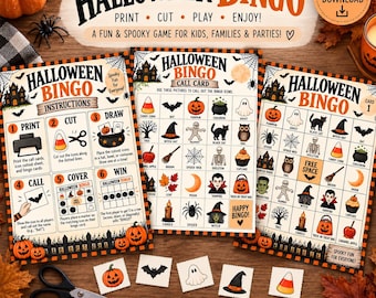 May include: A Halloween Bingo game set featuring three printed sheets with instructions, a call card, and a bingo card. The sheets display various spooky icons like pumpkins, ghosts, and bats. Includes cut-out game pieces and scissors.