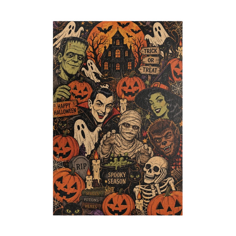 Halloween Puzzle | 1014 Pieces | Retro Monsters | Vintage Spooky Season Jigsaw image 3