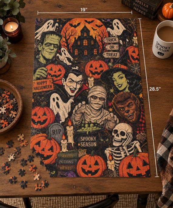 Halloween Puzzle | 1014 Pieces | Retro Monsters | Vintage Spooky Season Jigsaw