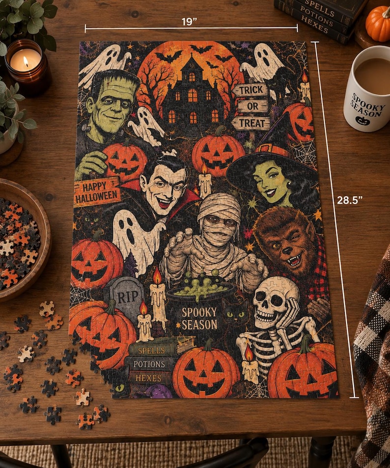 May include: A rectangular Halloween-themed jigsaw puzzle measuring 19 inches by 28.5 inches. The illustration features Frankenstein, a vampire, a mummy, a werewolf, a skeleton, ghosts, pumpkins, a haunted house, and text reading Spooky Season.