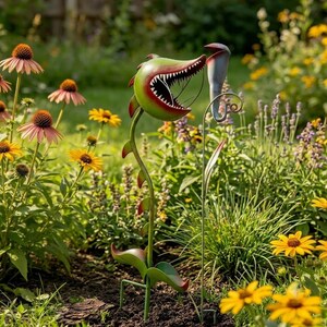 May include: A metal garden sculpture featuring a green, toothy carnivorous plant with red-tipped leaves on a tall stem, positioned next to a smaller, slender, greyish-blue pitcher plant ornament, both mounted on thin metal stakes in a garden.