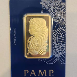 Replica del lingotto d'oro svizzero Fortuna da 1 oz / Non magnetico / Certificato di autenticità sigillato / Oggetto di scena in oro fino 999.9 / Confezione in stile VeriScan / Espositore da collezione