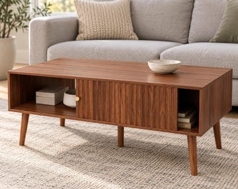 Mid-Century Modern Coffee Table, Fluted Sliding Doors, Wooden Living Room Centerpiece, Hidden Storage Compartments, Walnut or Oak Finish