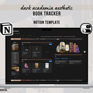 Puede incluir: Una plantilla digital de seguimiento de libros para Notion mostrada en una pantalla de portátil. La interfaz presenta un tema oscuro con secciones para libros en lectura y pendientes, incluyendo miniaturas de portadas y menús de navegación.
