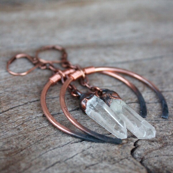 Crystal Quartz Copper Earrings • Healing Quartz  • Electroformed • Boho Style • Copper • Nature Inspired