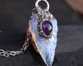 Amethyst Gemstone Necklace And Opalite ARROWHEAD Crystal Rustic Design Metalwork Soldered Jewelry Unisex Nature Inspired