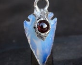Opalite ARROWHEAD Crystal And Red Garnet Gemstone Necklace Rustic Design Metalwork Soldered Jewelry Unisex Nature Inspired