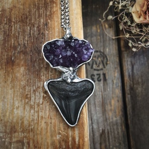 Extinct MAKO SHARK Tooth Fossil And Amethyst Cluster Crystal Quartz • Metalwork • Soldered Jewelry • Unisex • Nature Inspired