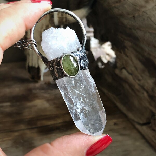 Large Raw Tibetan Himalayan Quartz And Peridot Gemstone Necklace • Unisex • Talisman • One Of A Kind • Soldered Jewelry • Nature Inspired