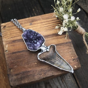 Fossilized MAKO Shark Tooth And Amethyst Cluster Crystal Quartz • One Of A Kind • Metalwork • Soldered Jewelry • Nature Inspired