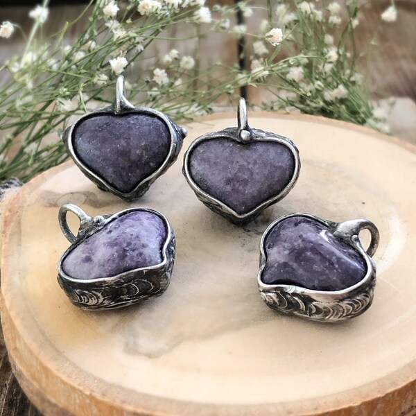 Lepidolite Heart Necklace • Boho Style • Metalwork • Soldered Jewelry • Heart Pendant