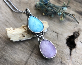 Larimar Träne und Kunzit Stein Halskette • Boho Stil • Metallarbeit • Gelöteter Schmuck • Meeresstein • Von der Natur inspiriert