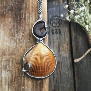 Sea Shell, Ammonite Fossil And Citrine Gemstone • One Of A Kind • Metalwork • Soldered Jewelry • Nature Inspired