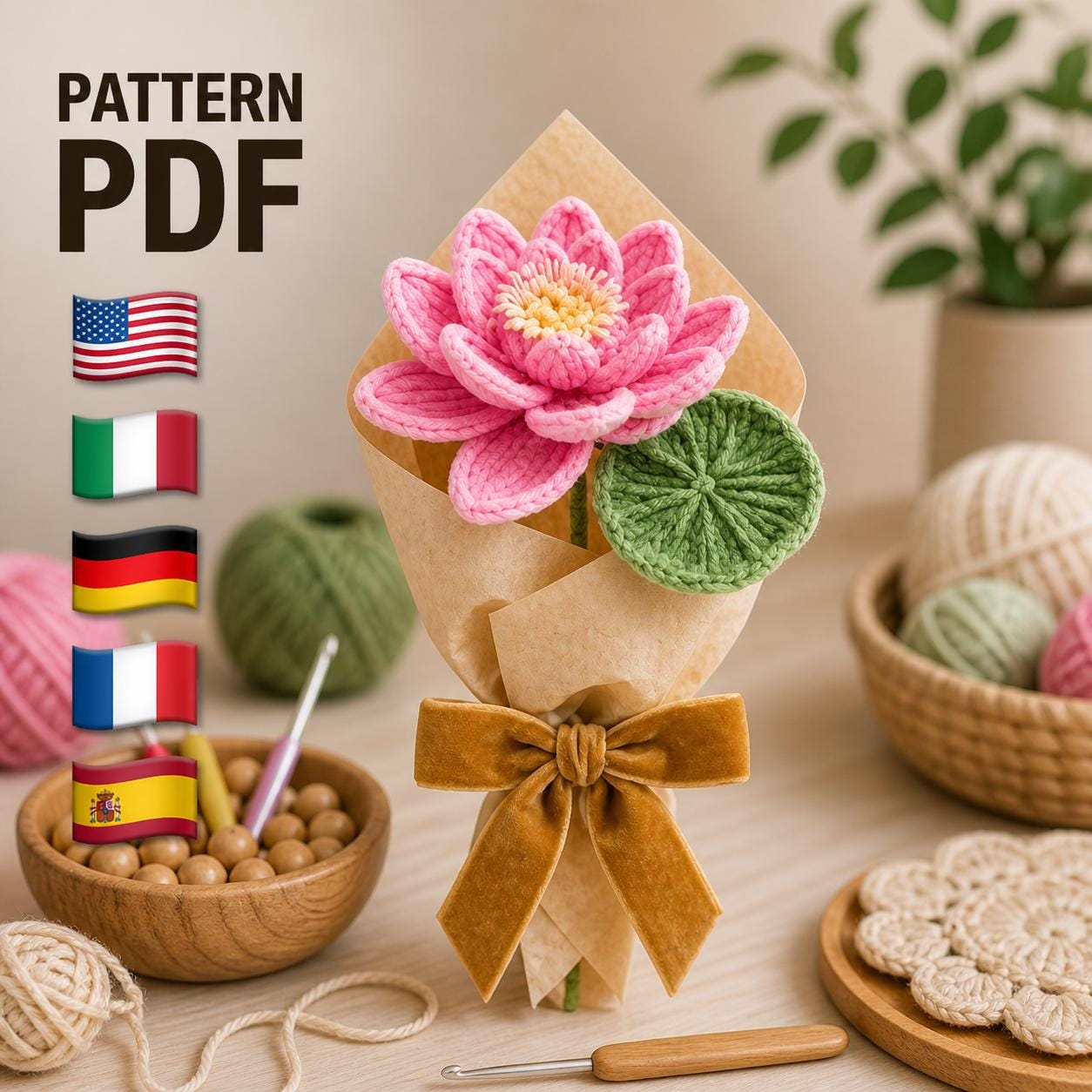 30 Lotus Flower Crochet Patterns for Beautiful Decor, Gifts, and Giftable Makes 31 English Lotus Amigurumi Flower Bouquet Pattern