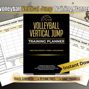 Puede incluir: Un planificador de entrenamiento de salto vertical de voleibol negro y dorado. La portada presenta el texto "Volleyball Vertical Jump Training Planner" y un gráfico de voleibol. Incluye páginas para el seguimiento del salto de aproximación, el rendimiento del partido y las pruebas de salto vertical. El planificador está diseñado para rastrear la fuerza, la potencia y la explosividad.