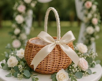 Cesta de ratán hecha a mano para niña de las flores / Decoración rústica para bodas / Almacenamiento bohemio y decoración natural para el hogar