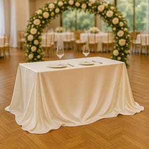 Può includere: Un tavolo rettangolare drappeggiato con una tovaglia di raso color crema. Due calici, piatti e posate sono apparecchiati sul tavolo. Lo sfondo presenta un arco floreale e altri tavoli, suggerendo un matrimonio o un evento.