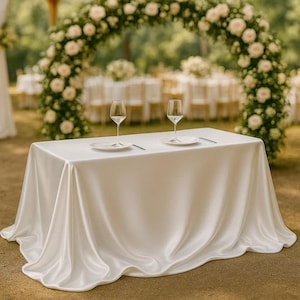 Op de afbeelding: Een witte, met satijn bedekte tafel voor een bruiloftsreceptie. Twee wijnglazen, borden en bestek zijn op de tafel geplaatst. Een bloemenboog en andere tafels bevinden zich op de achtergrond, waardoor een romantische buitenomgeving ontstaat.