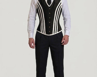 May include: A black corset vest featuring vertical white piping accents, worn over a crisp white long-sleeved button-down shirt with a black necktie, paired with black trousers and black dress shoes, creating a formal ensemble.