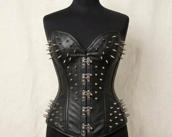 Black Leather Spiked Corset Bustier | Gothic Steel Boned Waist Trainer, Punk Festival Outfit