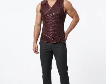Débardeur corset bordeaux damassé pour hommes | Gilet gothique steampunk en cuir, costume à lacets