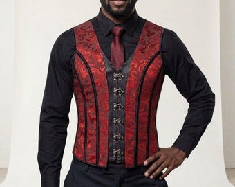 Men's Red Brocade Corset Vest, Gothic Victorian Steampunk Waistcoat Hook Closure