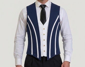 Men's Blue Slim Fit Corset Vest | Gothic Waistcoat, Embossed Leather, Adjustable Buckles