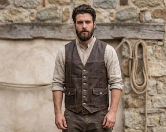 Chaleco de motociclista marrón desgastado para hombre, estilo vintage western steampunk gótico, hecho a mano.
