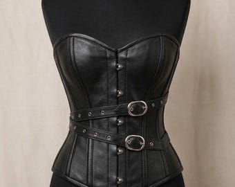 Bustier in pelle nera fatto a mano / Fascia modellante gotica con stecche in acciaio