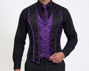 Purple Brocade Steampunk Vest Women Gothic Victorian Corset Style Waistcoat Outfit