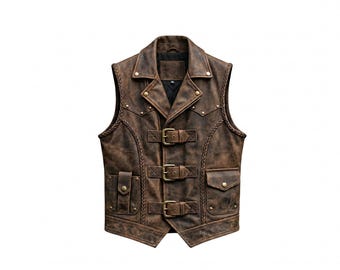 Distressed Leather Vest: Gothic Biker Steampunk Buckle Waistcoat, Vintage Punk Motorcycle Outfit
