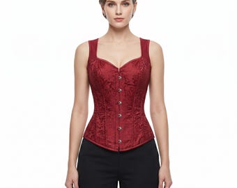 Haut corset en brocart rouge, bustier overbust en jacquard floral, style steampunk gothique victorien