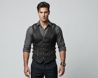 Men's Black Leather Corset Vest: Gothic Steampunk Waistcoat with Adjustable Straps