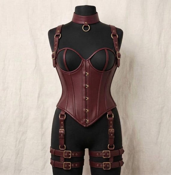 Burgundy Leather Corset Harness, overbust corset Gothic Bustier, Thigh Strap Set, Witch Halloween costume