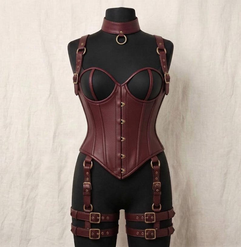May include: A dark burgundy faux leather corset featuring a sweetheart neckline, front metal hook closures, and an integrated choker with a central ring. The garment includes adjustable shoulder straps and attached thigh garter straps with buckles.